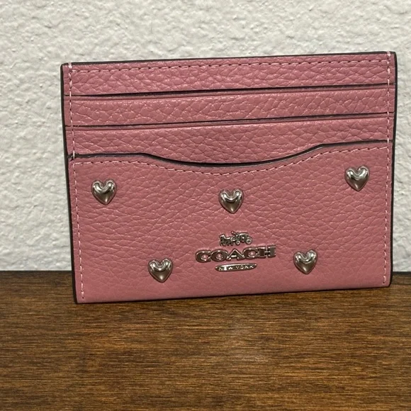 Coach Pink Card Holder with Silver Tone Heart Details - Picture 1 of 4